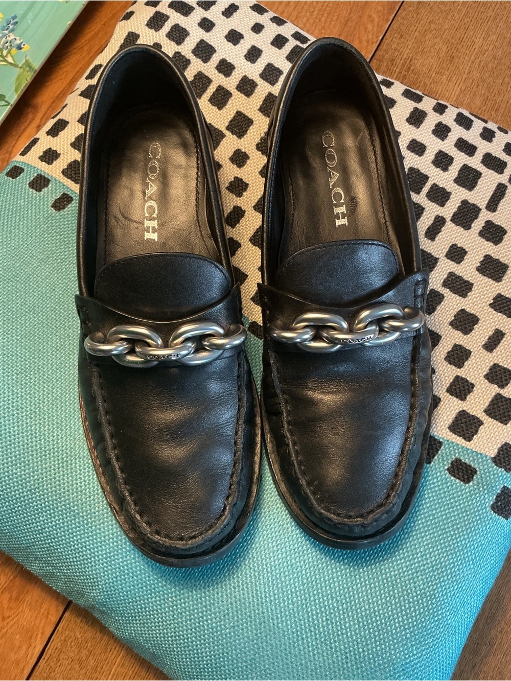 COACH Black Leather Chain Loafers